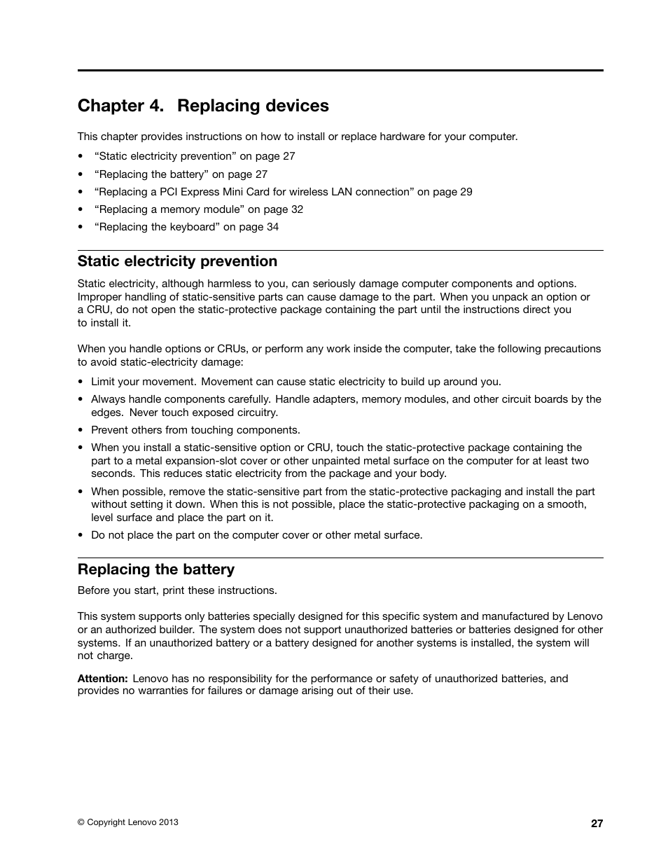 Chapter 4. replacing devices, Static electricity prevention, Replacing the battery | Lenovo ThinkPad X131e Chromebook User Manual | Page 41 / 80