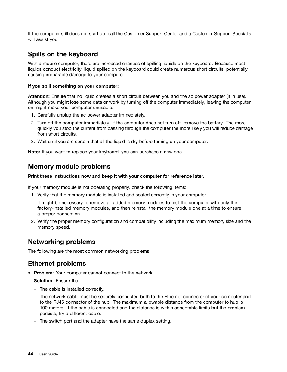 Spills on the keyboard, Memory module problems, Networking problems | Ethernet problems | Lenovo ThinkPad X131e Chromebook User Manual | Page 58 / 80