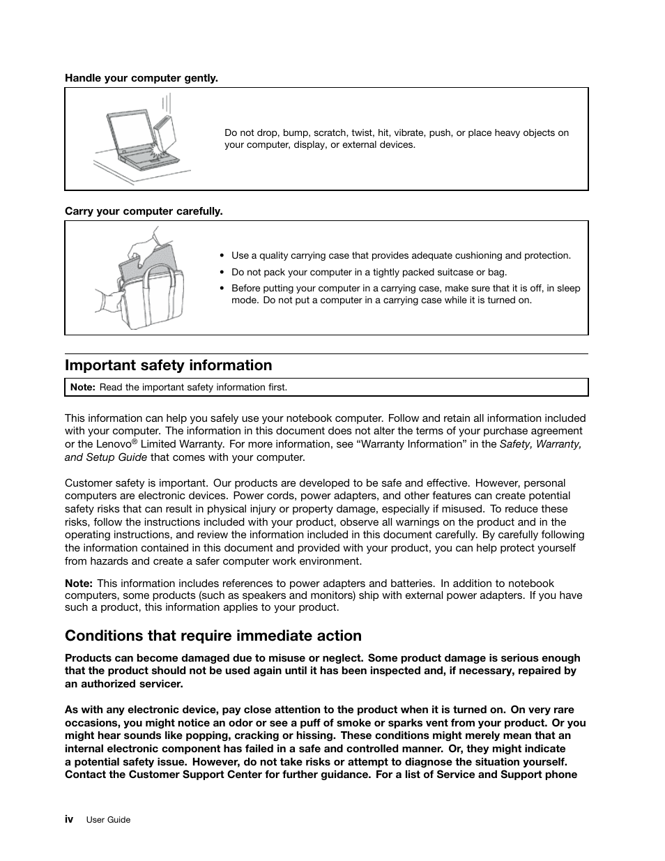 Important safety information, Conditions that require immediate action, Conditions that require immediate action . . . iv | Lenovo ThinkPad X131e Chromebook User Manual | Page 6 / 80