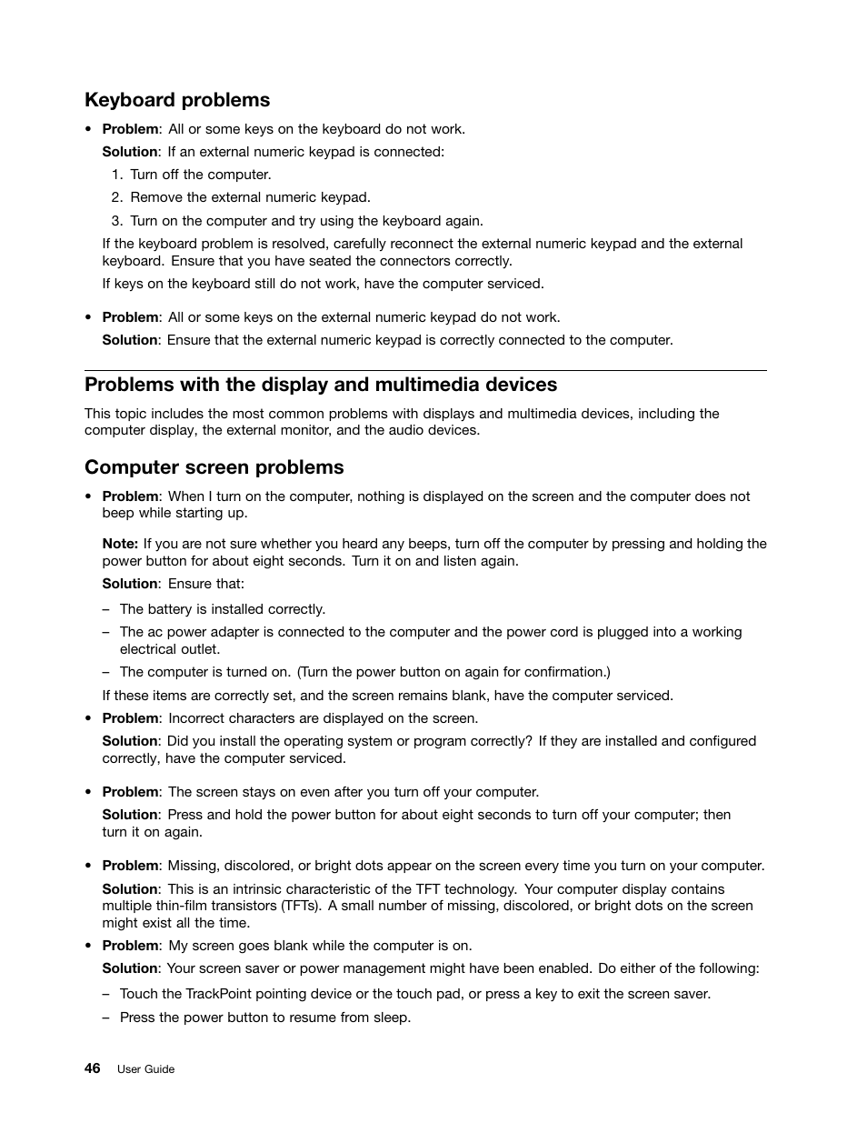 Keyboard problems, Problems with the display and multimedia devices, Computer screen problems | Lenovo ThinkPad X131e Chromebook User Manual | Page 60 / 80