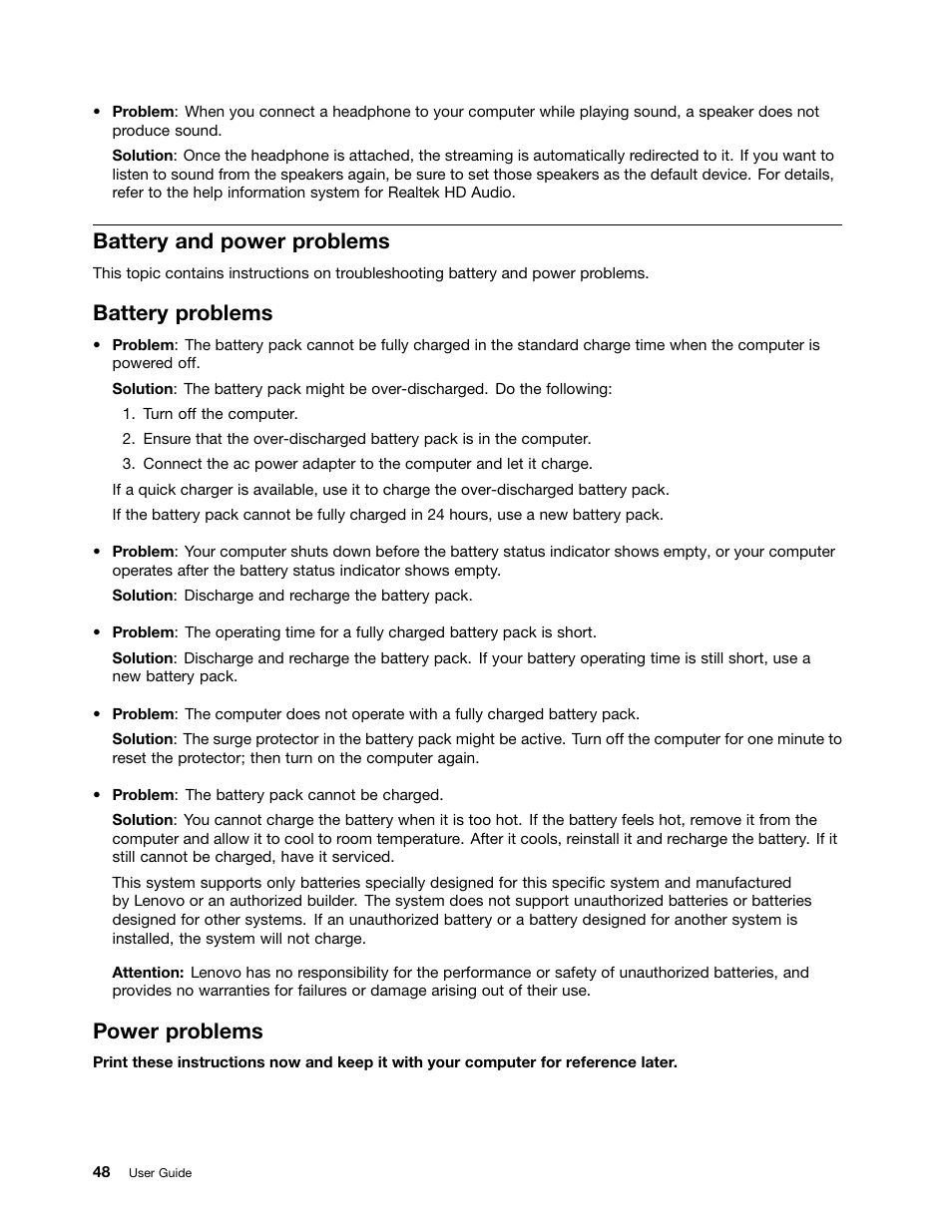 Battery and power problems, Battery problems, Power problems | Lenovo ThinkPad X131e Chromebook User Manual | Page 62 / 80