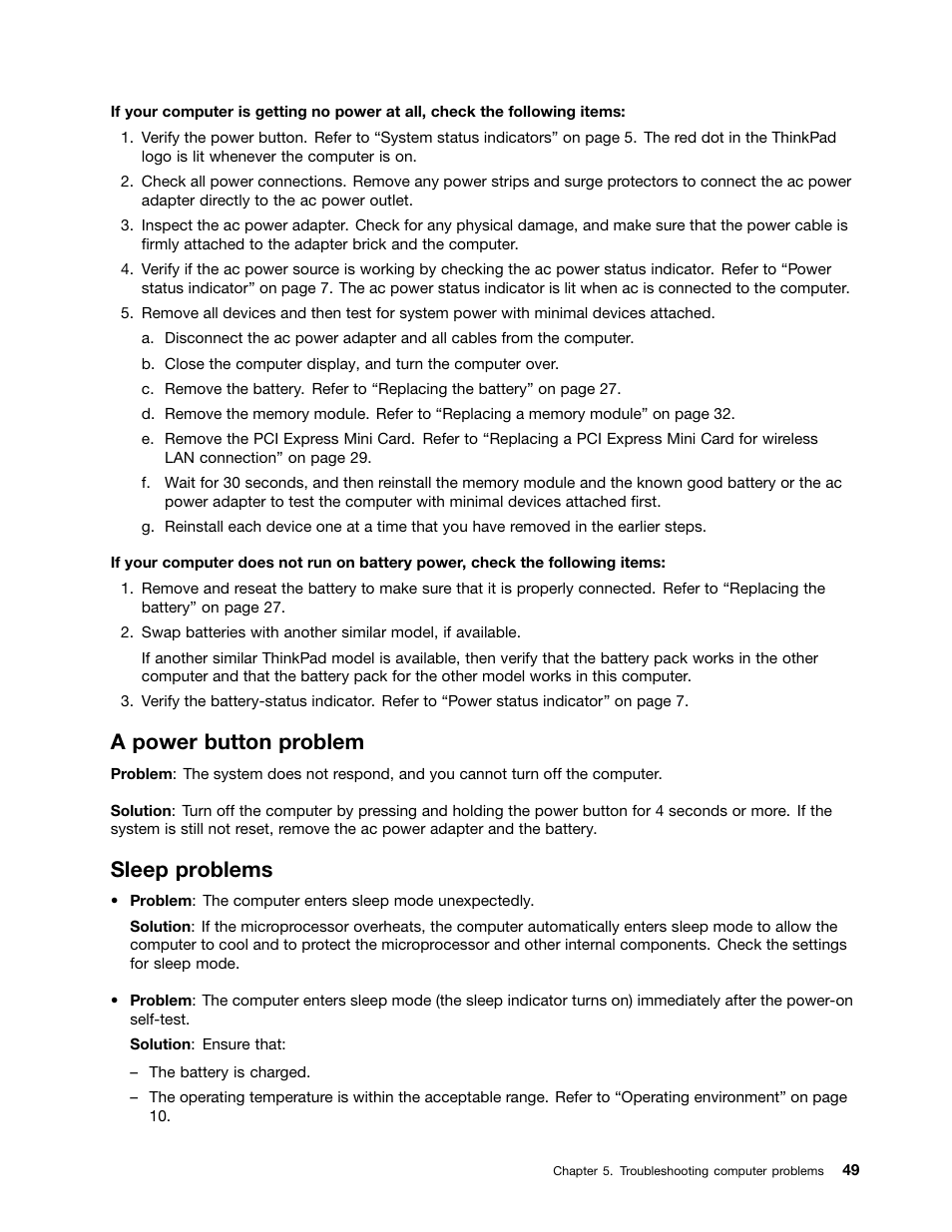 A power button problem, Sleep problems | Lenovo ThinkPad X131e Chromebook User Manual | Page 63 / 80