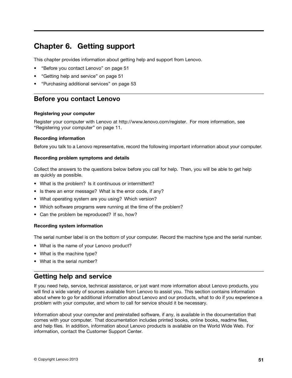 Chapter 6. getting support, Before you contact lenovo, Getting help and service | Lenovo ThinkPad X131e Chromebook User Manual | Page 65 / 80