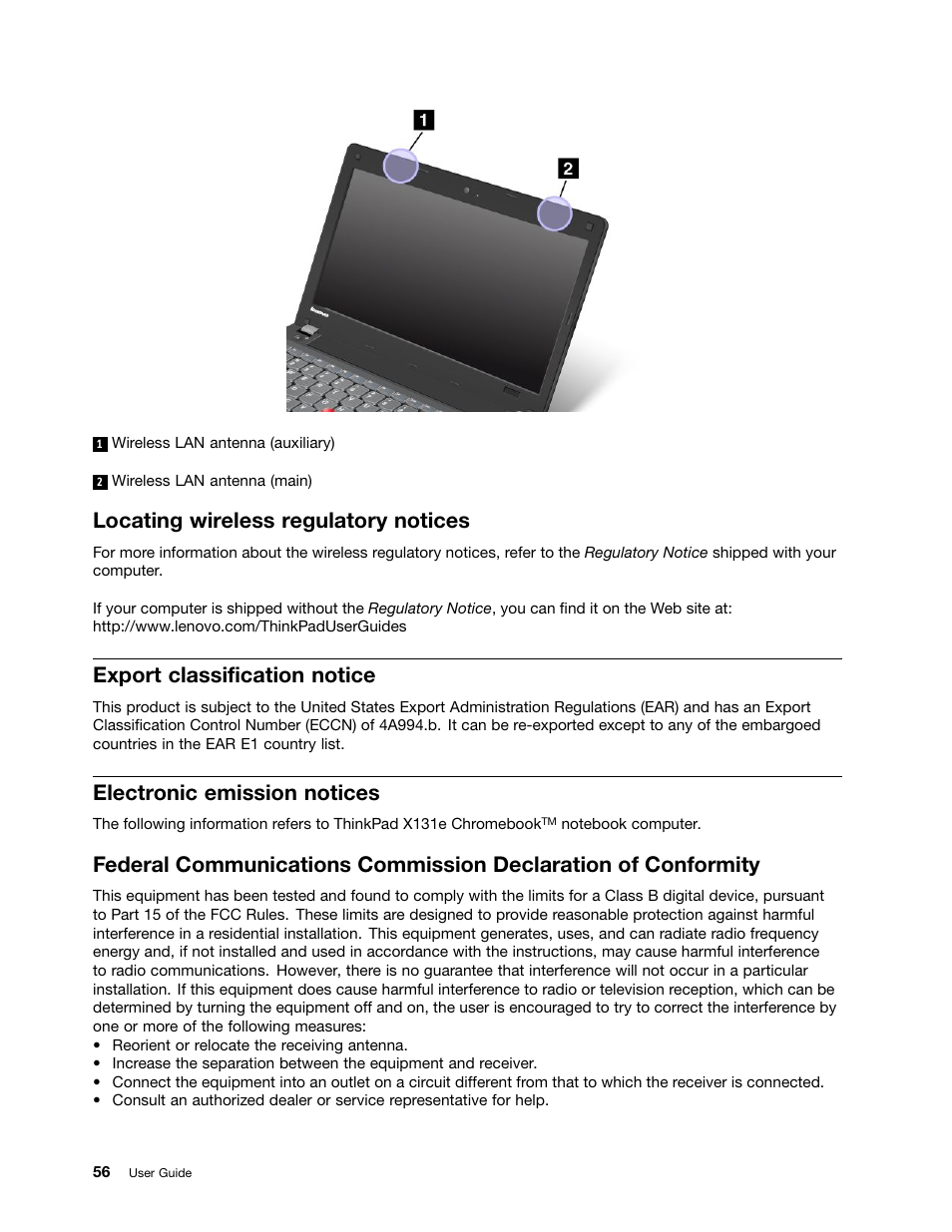 Locating wireless regulatory notices, Export classification notice, Electronic emission notices | Lenovo ThinkPad X131e Chromebook User Manual | Page 70 / 80