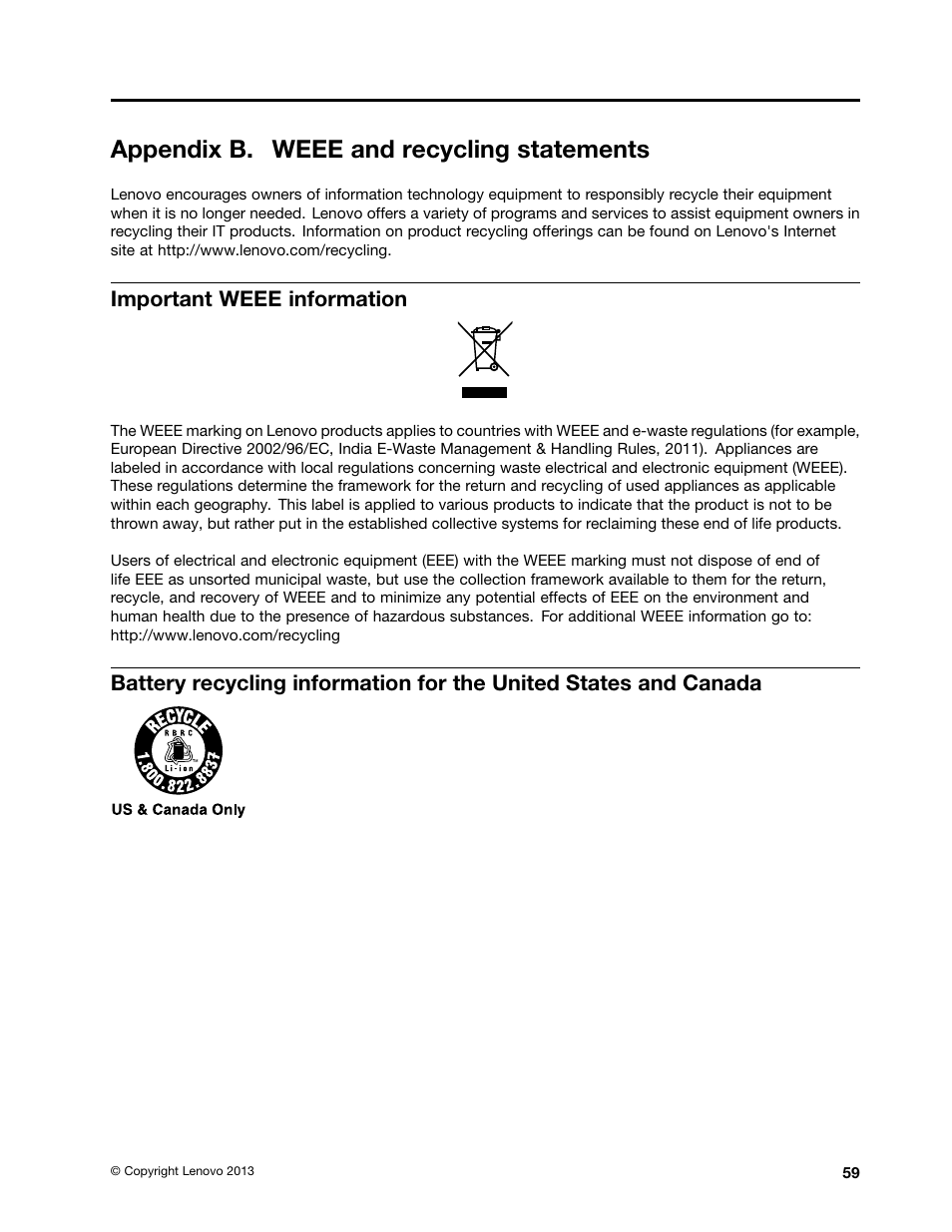 Appendix b. weee and recycling statements, Important weee information | Lenovo ThinkPad X131e Chromebook User Manual | Page 73 / 80