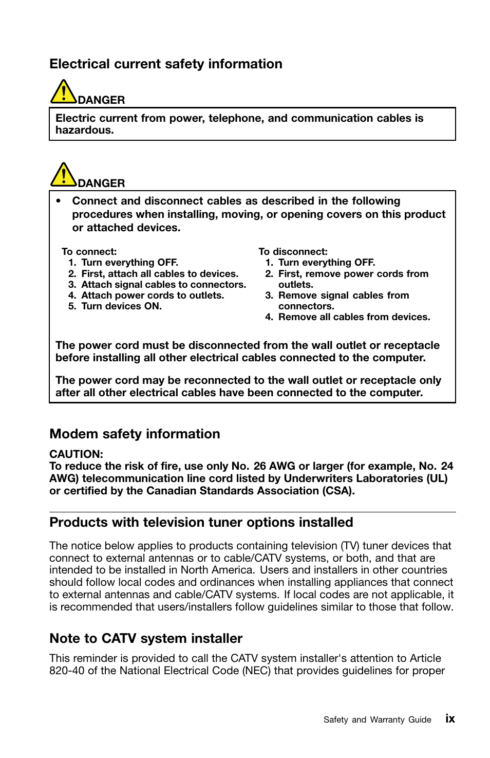 Electrical current safety information, Modem safety information, Products with television tuner options installed | Note to catv system installer | Lenovo ThinkPad T420i User Manual | Page 11 / 50