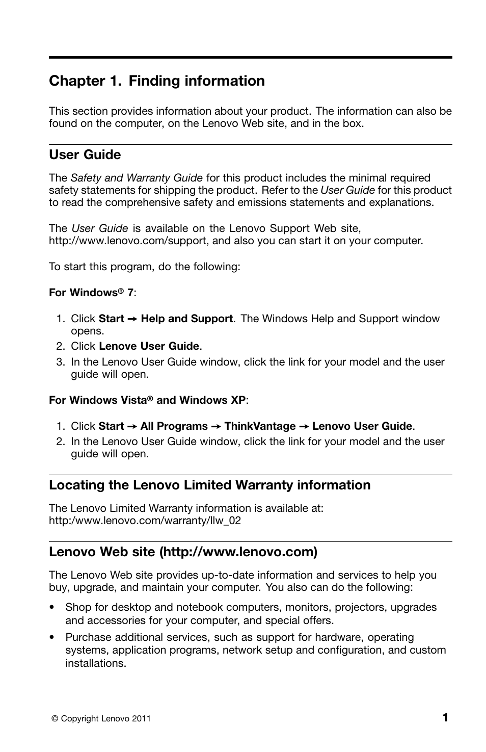 Chapter 1. finding information, User guide, Locating the lenovo limited warranty information | Lenovo web site (http://www.lenovo.com) | Lenovo ThinkPad T420i User Manual | Page 15 / 50