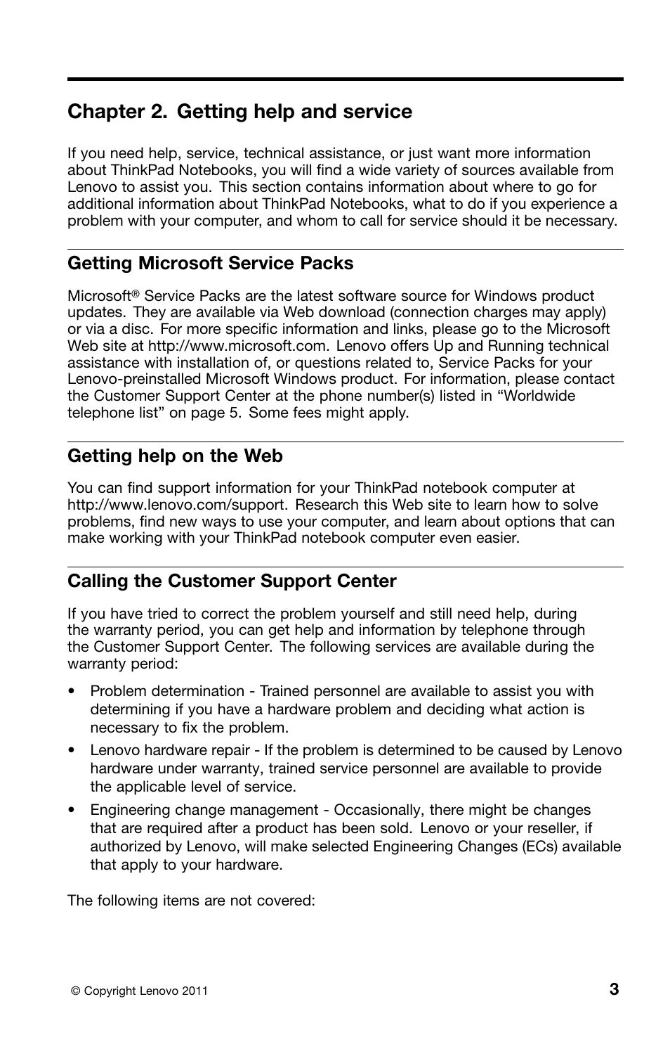 Chapter 2. getting help and service, Getting microsoft service packs, Getting help on the web | Calling the customer support center | Lenovo ThinkPad T420i User Manual | Page 17 / 50