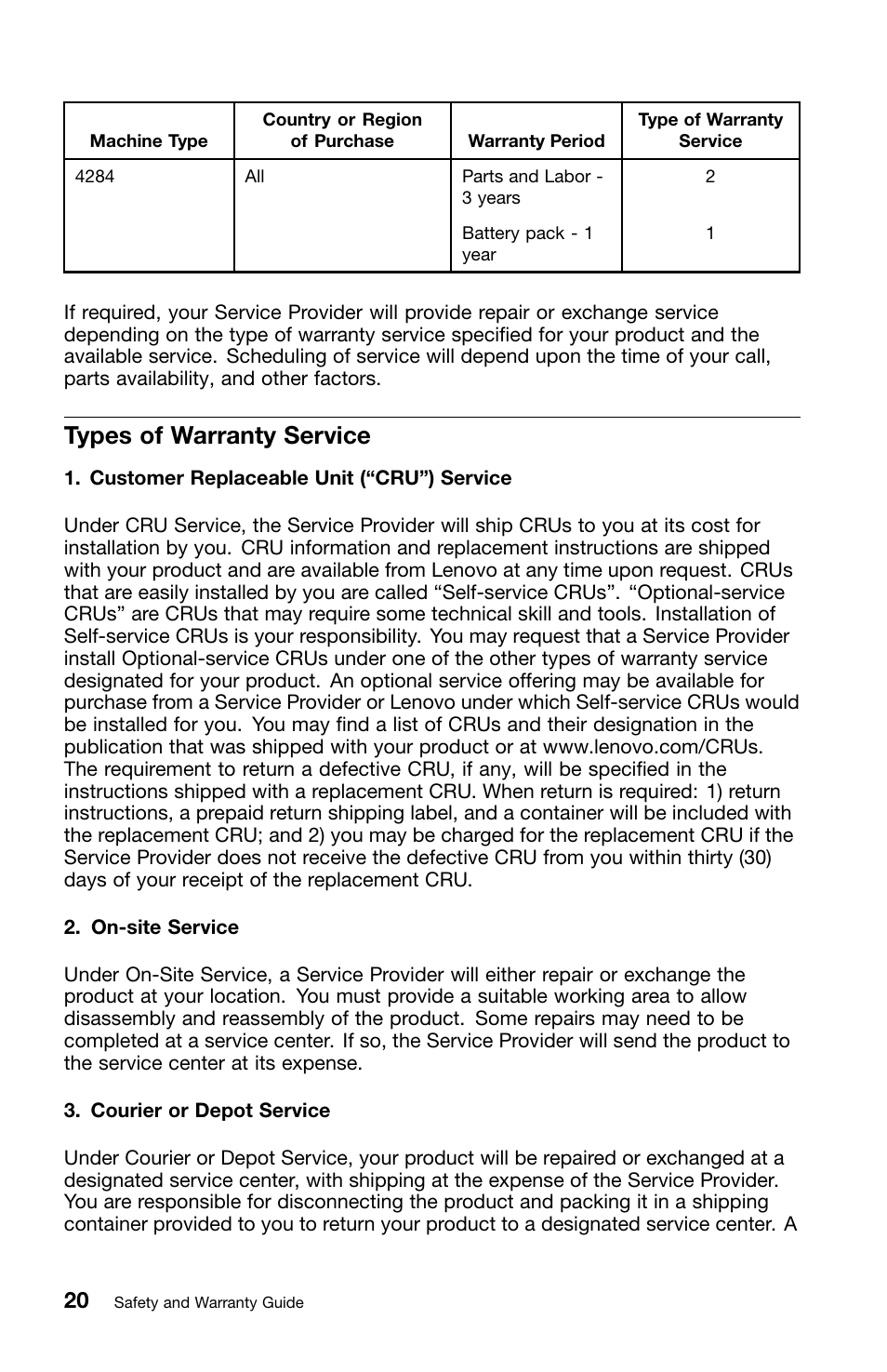 Types of warranty service | Lenovo ThinkPad T420i User Manual | Page 34 / 50