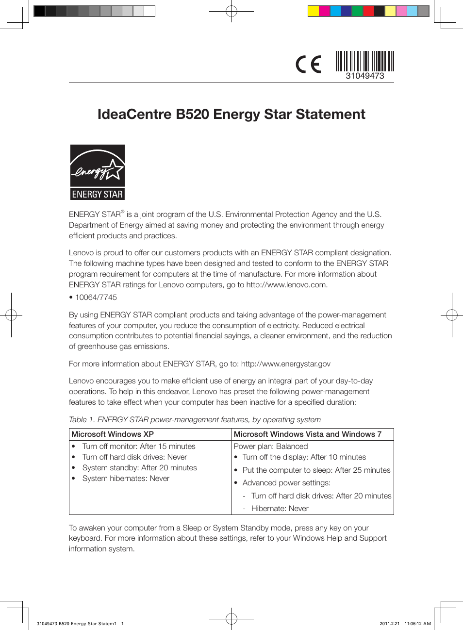 Lenovo IdeaCentre B520 User Manual | 1 page