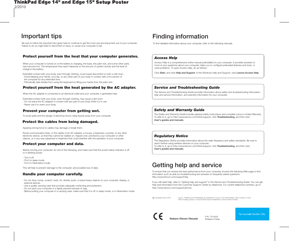 Getting help and service, Finding information, Important tips | Lenovo ThinkPad Edge E40 User Manual | Page 2 / 2