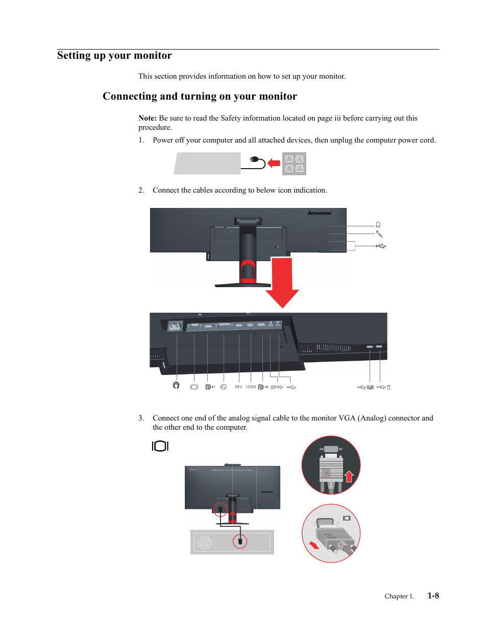 Setting up your monitor, Connecting and turning on your monitor, Connecting and turning on your monitor -8 | Lenovo ThinkVision LT2934z 29-inch Panorama AH-IPS WLED Backlit LCD VoIP Professional Monitor User Manual | Page 12 / 46