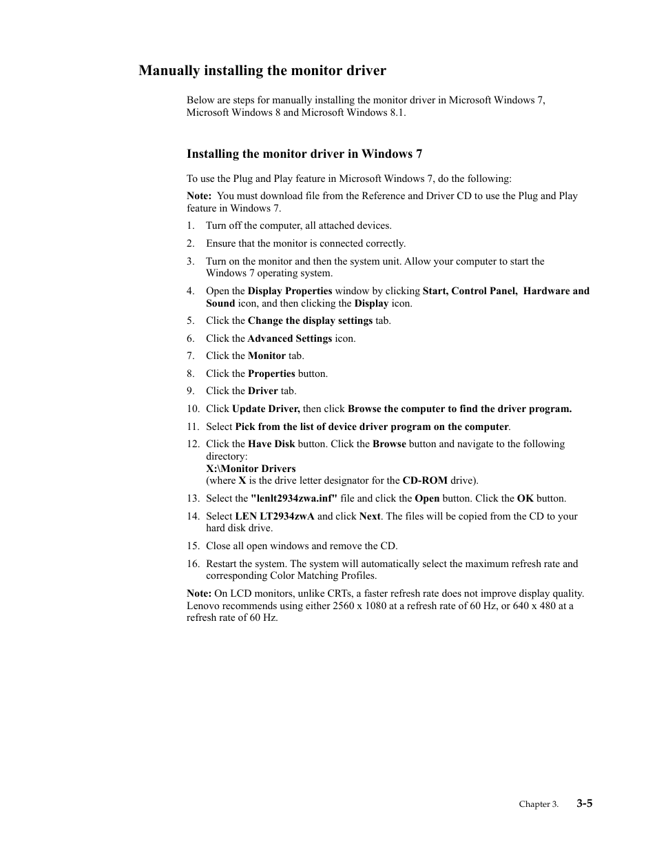 Manually installing the monitor driver, Installing the monitor driver in windows 7, Installing the monitor driver in windows 7 -5 | Lenovo ThinkVision LT2934z 29-inch Panorama AH-IPS WLED Backlit LCD VoIP Professional Monitor User Manual | Page 37 / 46