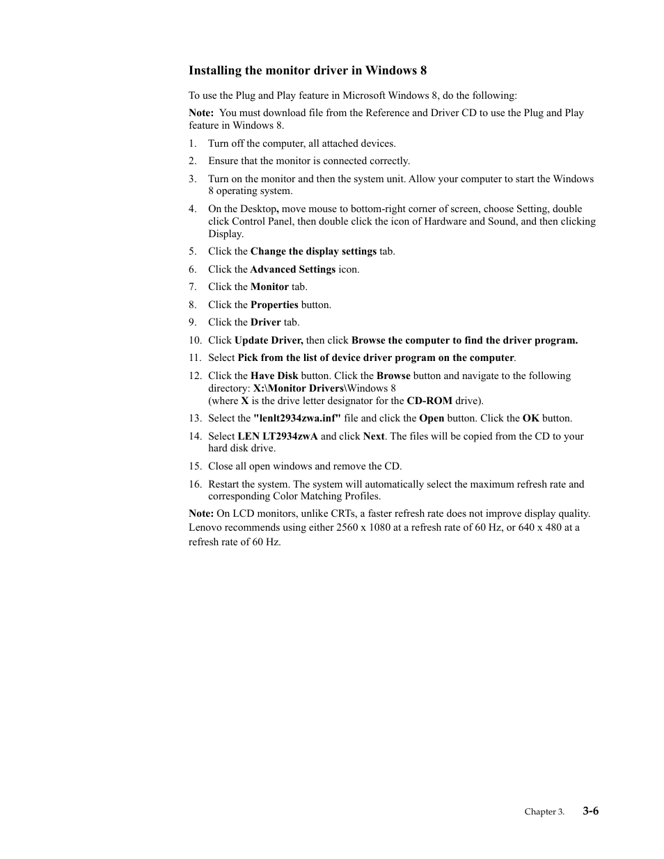 Installing the monitor driver in windows 8 | Lenovo ThinkVision LT2934z 29-inch Panorama AH-IPS WLED Backlit LCD VoIP Professional Monitor User Manual | Page 38 / 46