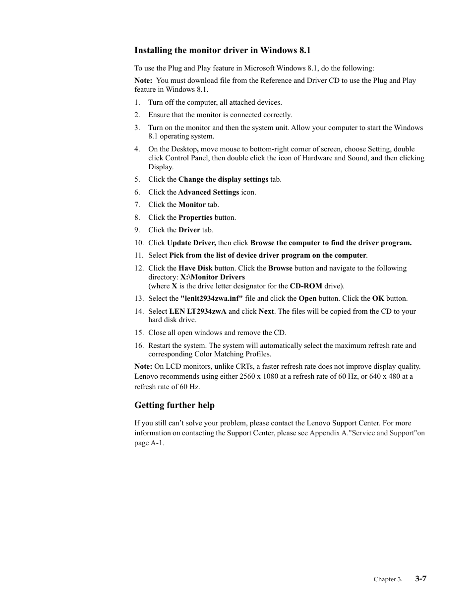 Installing the monitor driver in windows 8.1, Getting further help | Lenovo ThinkVision LT2934z 29-inch Panorama AH-IPS WLED Backlit LCD VoIP Professional Monitor User Manual | Page 39 / 46