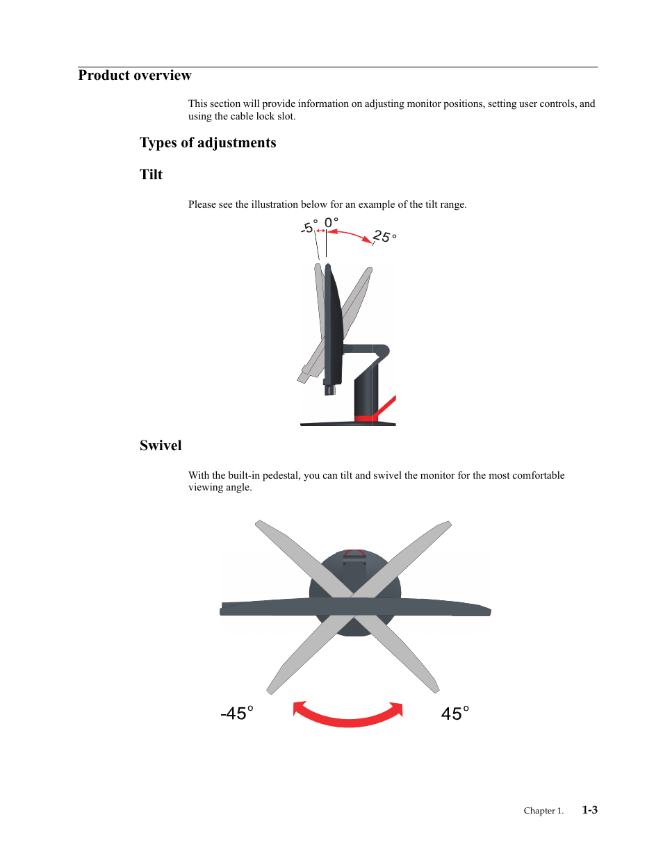 Product overview, Types of adjustments, Tilt | Swivel, Types of adjustments -3, Tilt -3, Swivel -3 | Lenovo ThinkVision LT2934z 29-inch Panorama AH-IPS WLED Backlit LCD VoIP Professional Monitor User Manual | Page 7 / 46