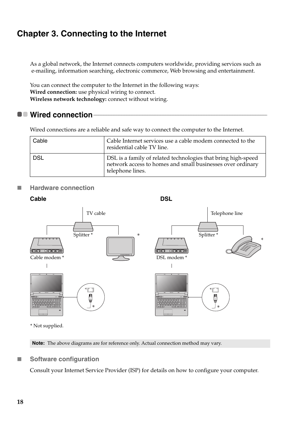 Chapter 3. connecting to the internet, Wired connection | Lenovo B575 Notebook User Manual | Page 22 / 41