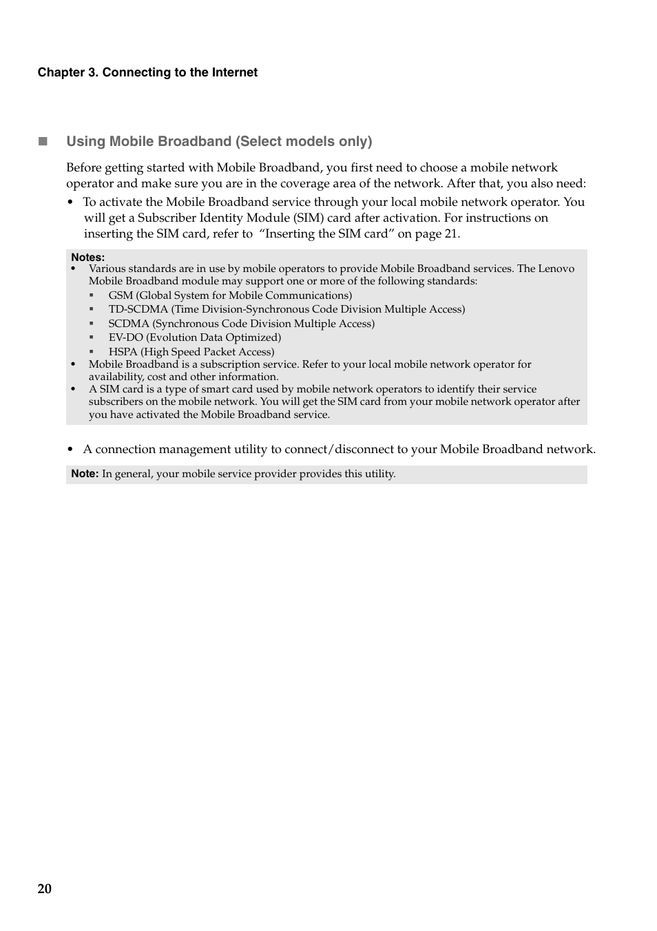 Using mobile broadband (select models only) | Lenovo B575 Notebook User Manual | Page 24 / 41
