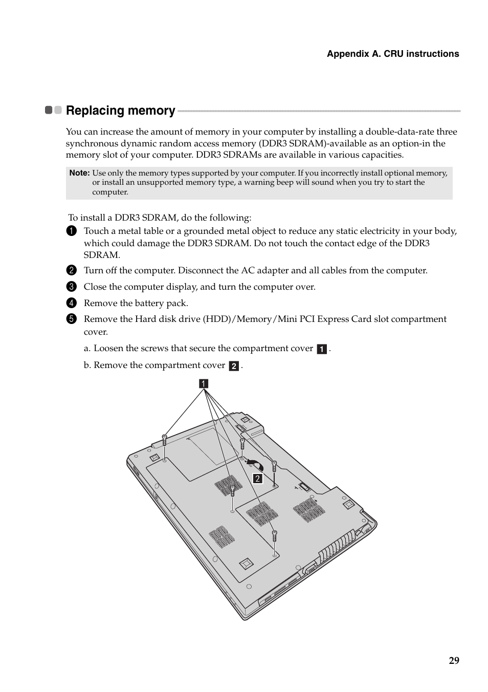 Replacing memory | Lenovo B575 Notebook User Manual | Page 33 / 41