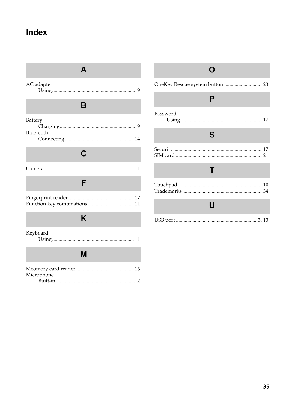 Index | Lenovo B575 Notebook User Manual | Page 39 / 41