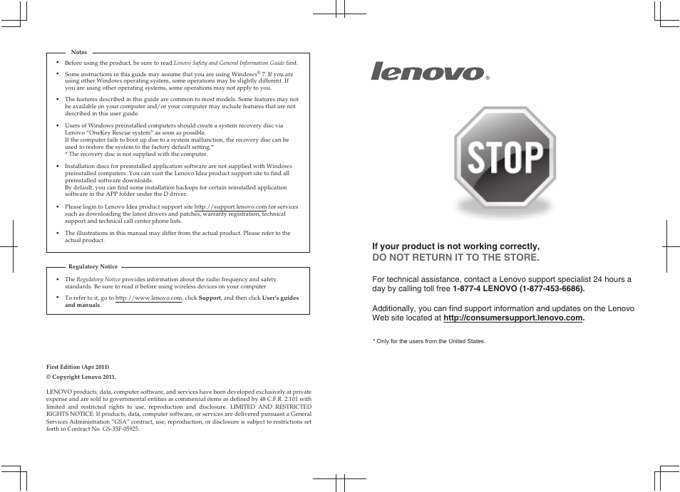 Do not return it to the store, If your product is not working correctly | Lenovo B575 Notebook User Manual | Page 40 / 41