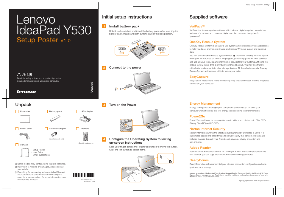 Lenovo IdeaPad Y530 User Manual | 2 pages