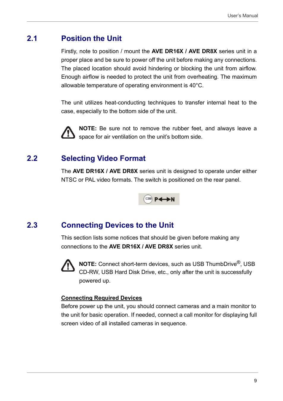 1 position the unit, 2 selecting video format, 3 connecting devices to the unit | AVE MV DR16X User Manual | Page 10 / 46