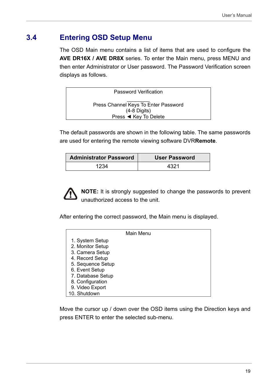 4 entering osd setup menu | AVE MV DR16X User Manual | Page 20 / 46