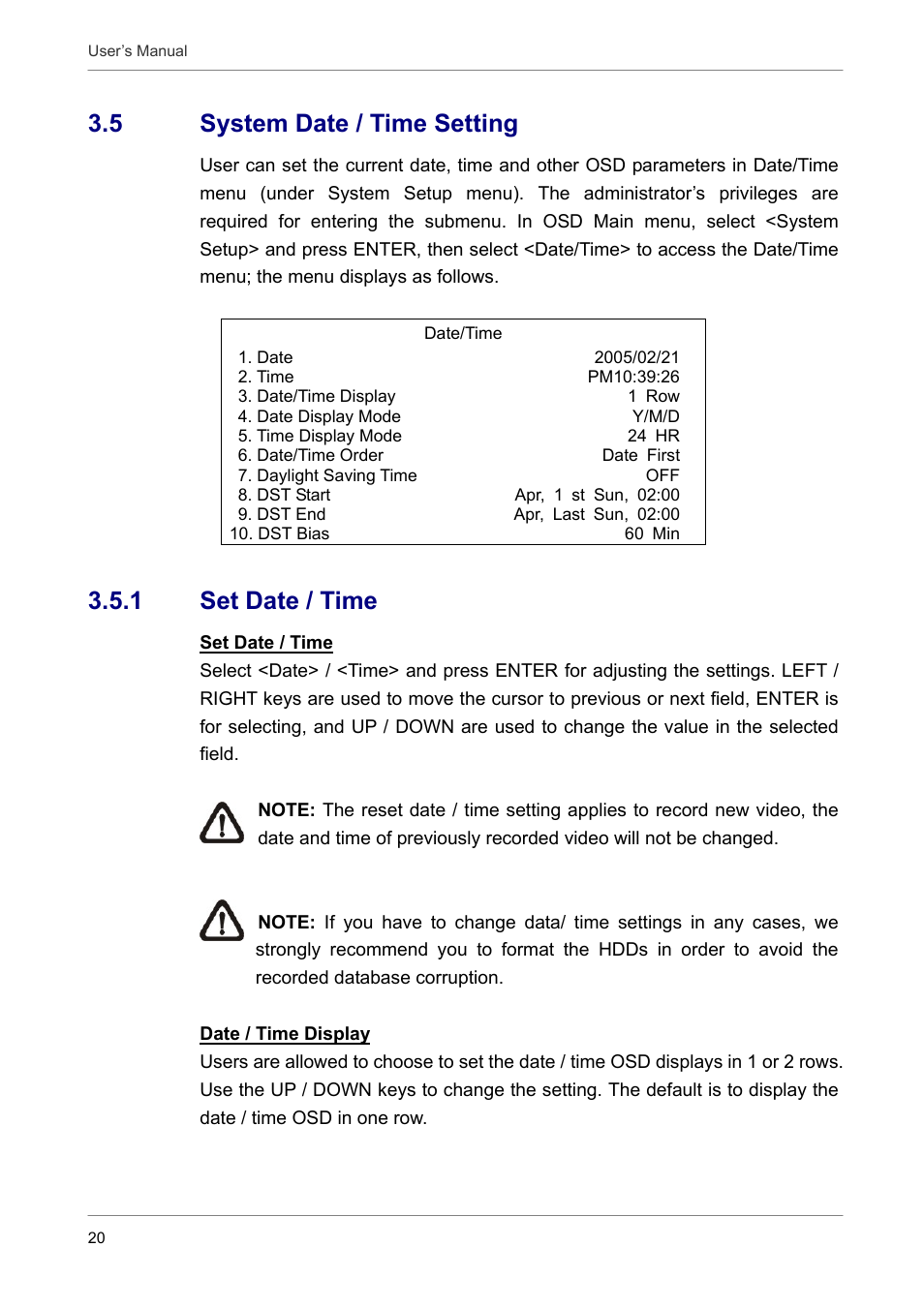 5 system date / time setting, 1 set date / time | AVE MV DR16X User Manual | Page 21 / 46