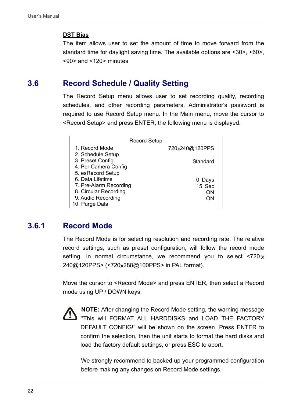 6 record schedule / quality setting, 1 record mode | AVE MV DR16X User Manual | Page 23 / 46