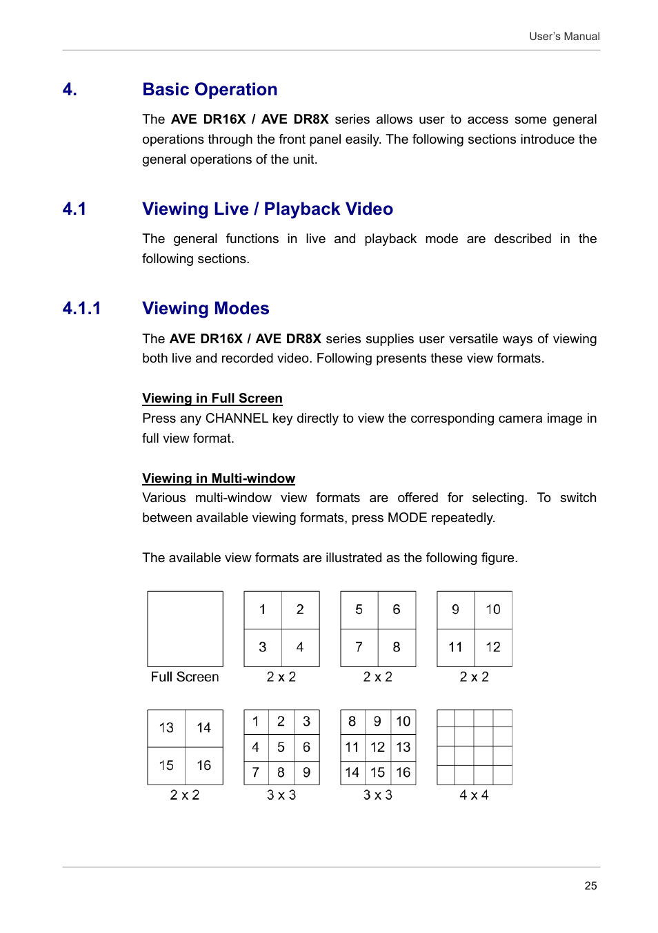 Basic operation, 1 viewing live / playback video, 1 viewing modes | AVE MV DR16X User Manual | Page 26 / 46