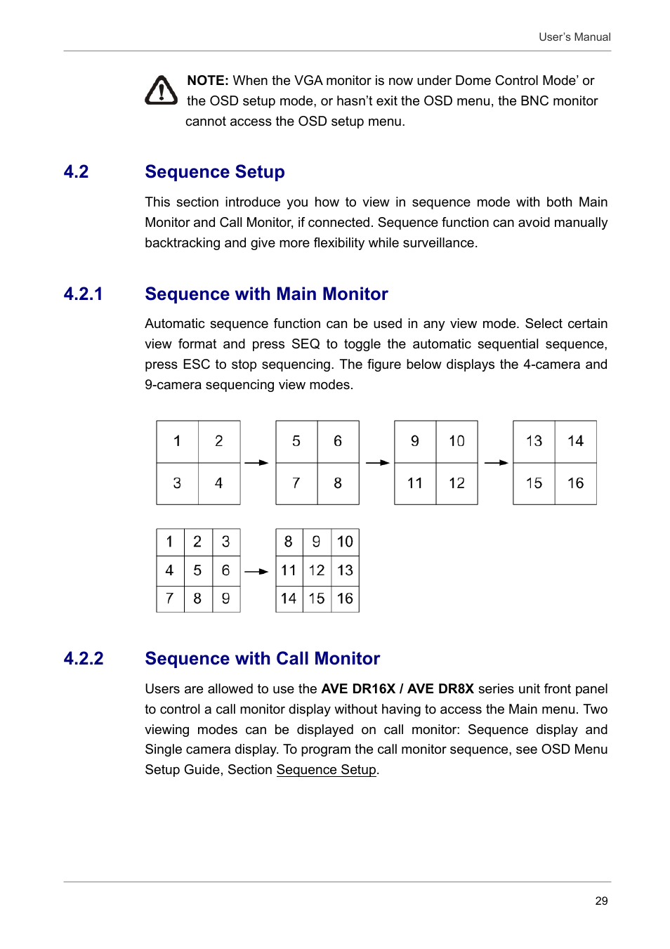 2 sequence setup, 1 sequence with main monitor, 2 sequence with call monitor | AVE MV DR16X User Manual | Page 30 / 46