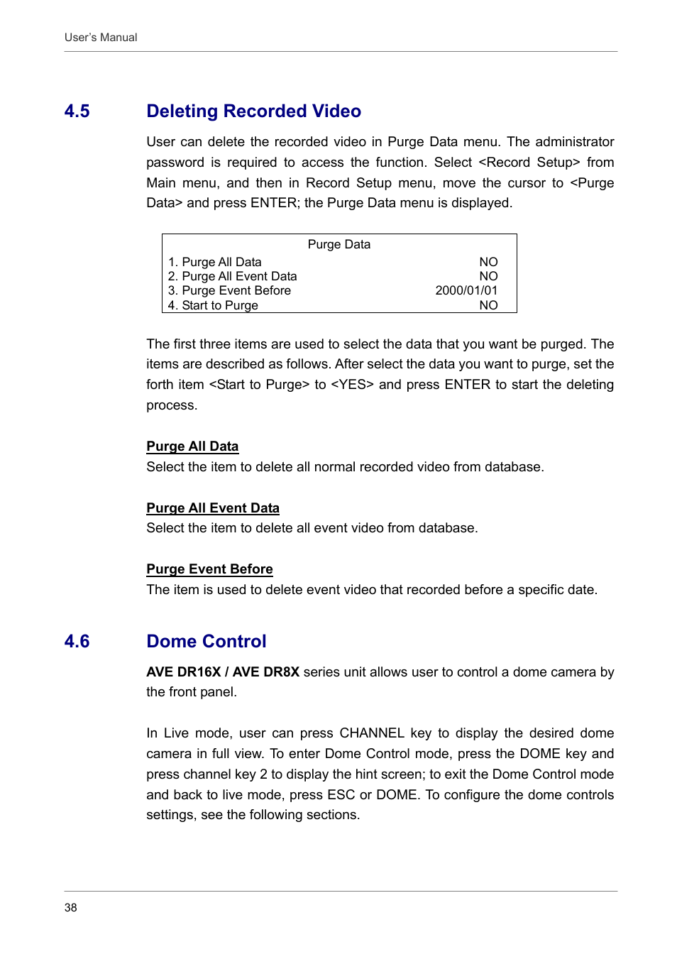 5 deleting recorded video, 6 dome control | AVE MV DR16X User Manual | Page 39 / 46