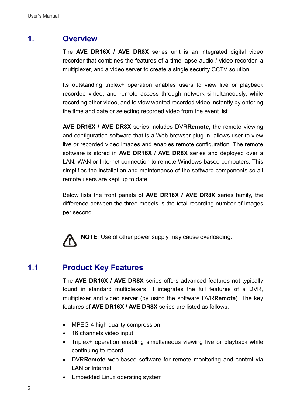 Overview, 1 product key features | AVE MV DR16X User Manual | Page 7 / 46