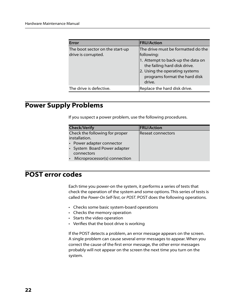 Power supply problems, Post error codes | Lenovo IdeaCentre B300 User Manual | Page 24 / 64