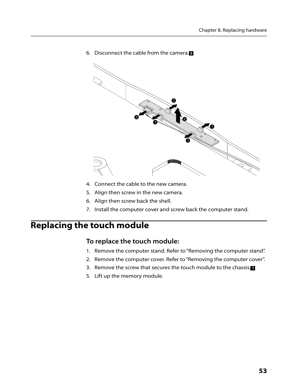 Replacing the touch module | Lenovo IdeaCentre B300 User Manual | Page 55 / 64