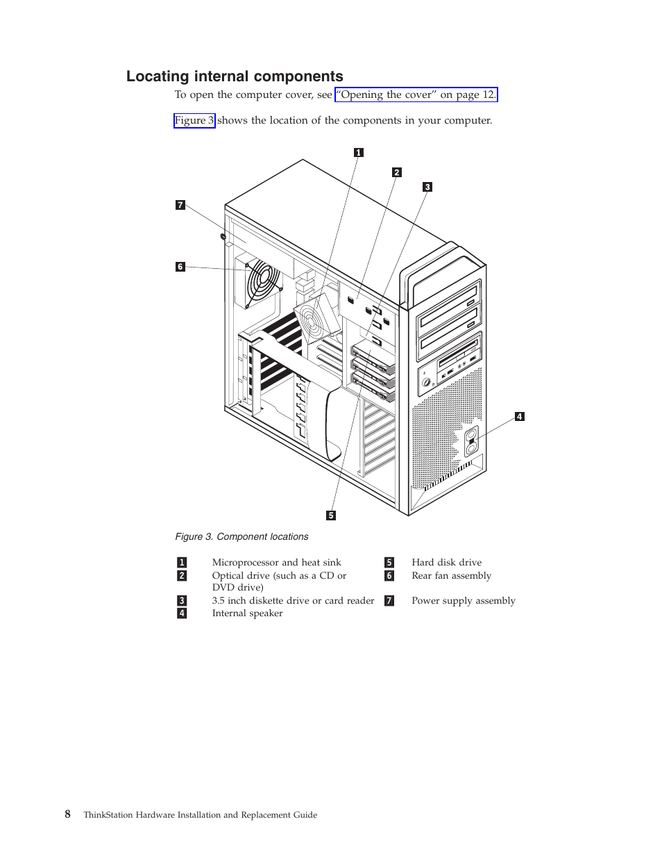 Locating internal components, Locating, Internal | Components, Component, Locations | Lenovo THINKSTATION S10 User Manual | Page 16 / 62