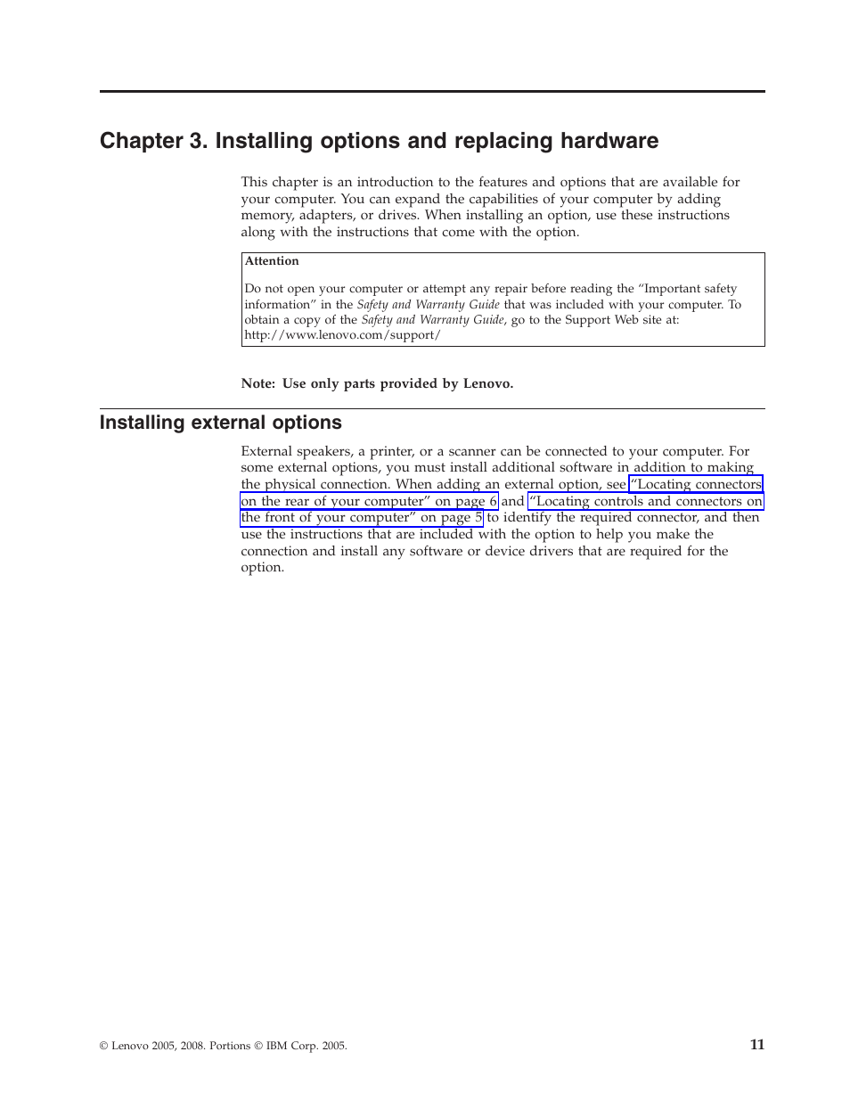 Installing external options, Chapter, Installing | Options, Replacing, Hardware, External | Lenovo THINKSTATION S10 User Manual | Page 19 / 62