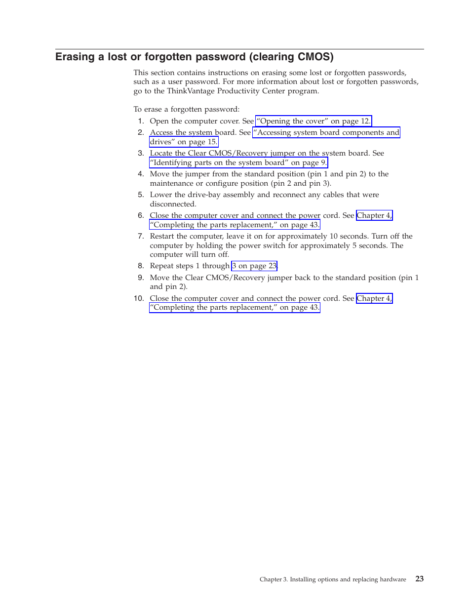 Erasing, Lost, Forgotten | Password, Clearing, Cmos) | Lenovo THINKSTATION S10 User Manual | Page 31 / 62