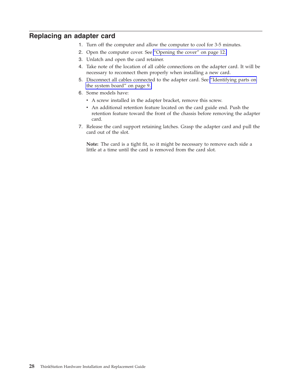 Replacing an adapter card, Replacing, Adapter | Card | Lenovo THINKSTATION S10 User Manual | Page 36 / 62