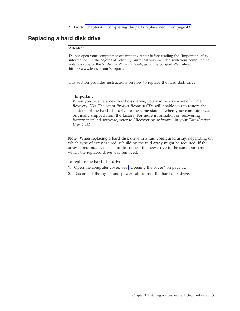 Replacing a hard disk drive, Replacing, Hard | Disk, Drive | Lenovo THINKSTATION S10 User Manual | Page 39 / 62