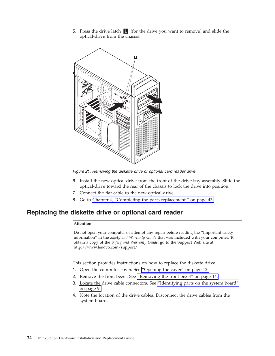 Replacing, Diskette, Drive | Optional, Card, Reader, Removing | Lenovo THINKSTATION S10 User Manual | Page 42 / 62