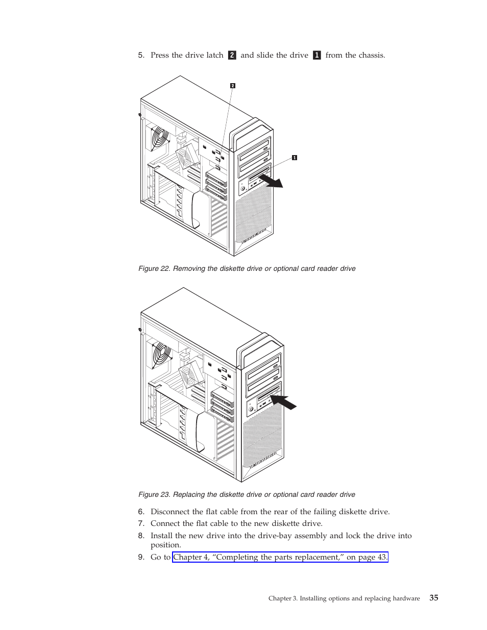 Removing, Diskette, Drive | Optional, Card, Reader, Replacing | Lenovo THINKSTATION S10 User Manual | Page 43 / 62