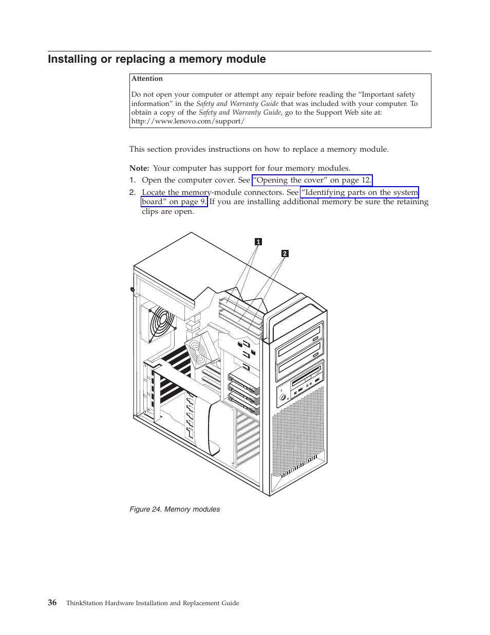 Installing or replacing a memory module, Installing, Replacing | Memory, Module, Modules | Lenovo THINKSTATION S10 User Manual | Page 44 / 62