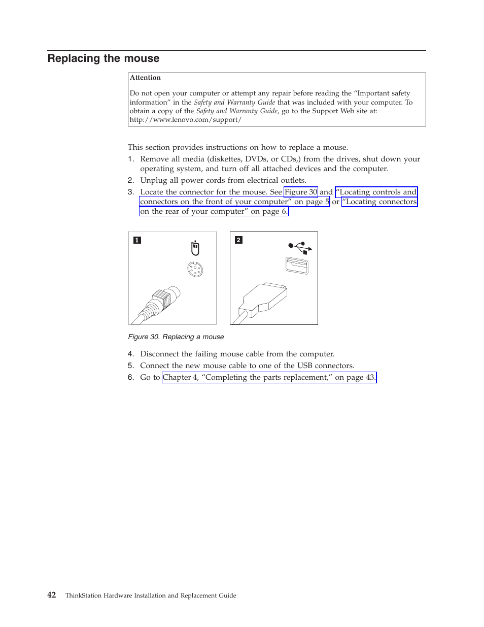 Replacing the mouse, Replacing, Mouse | Lenovo THINKSTATION S10 User Manual | Page 50 / 62