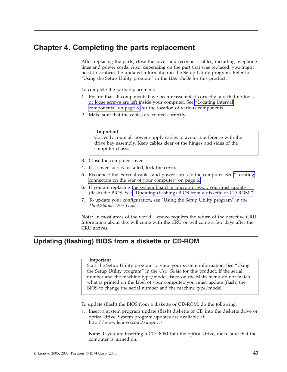 Chapter 4. completing the parts replacement, Updating (flashing) bios from a diskette or cd-rom, Chapter | Completing, Parts, Replacement, Updating, Flashing), Bios, From | Lenovo THINKSTATION S10 User Manual | Page 51 / 62