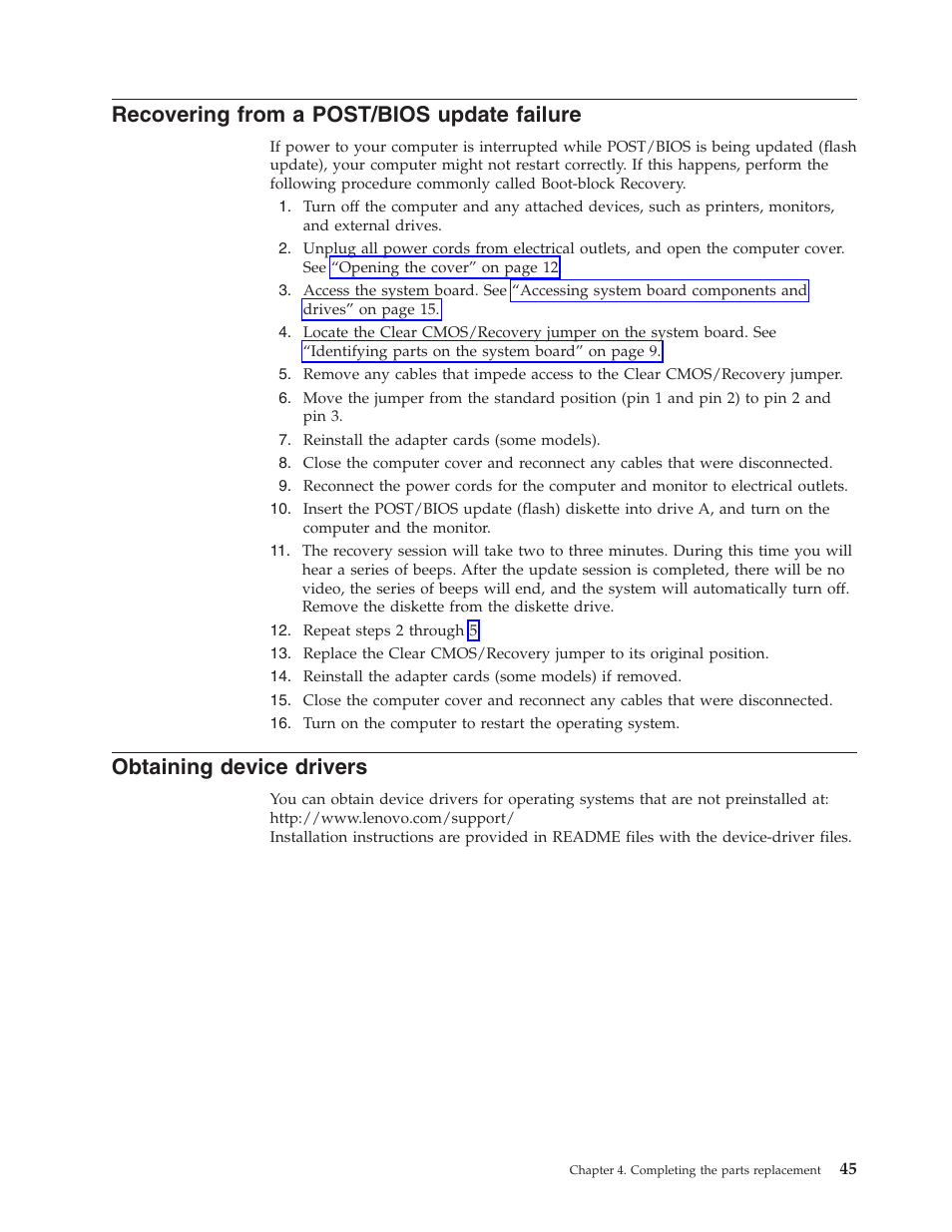 Recovering from a post/bios update failure, Obtaining device drivers, Recovering | From, Post/bios, Update, Failure, Obtaining, Device, Drivers | Lenovo THINKSTATION S10 User Manual | Page 53 / 62