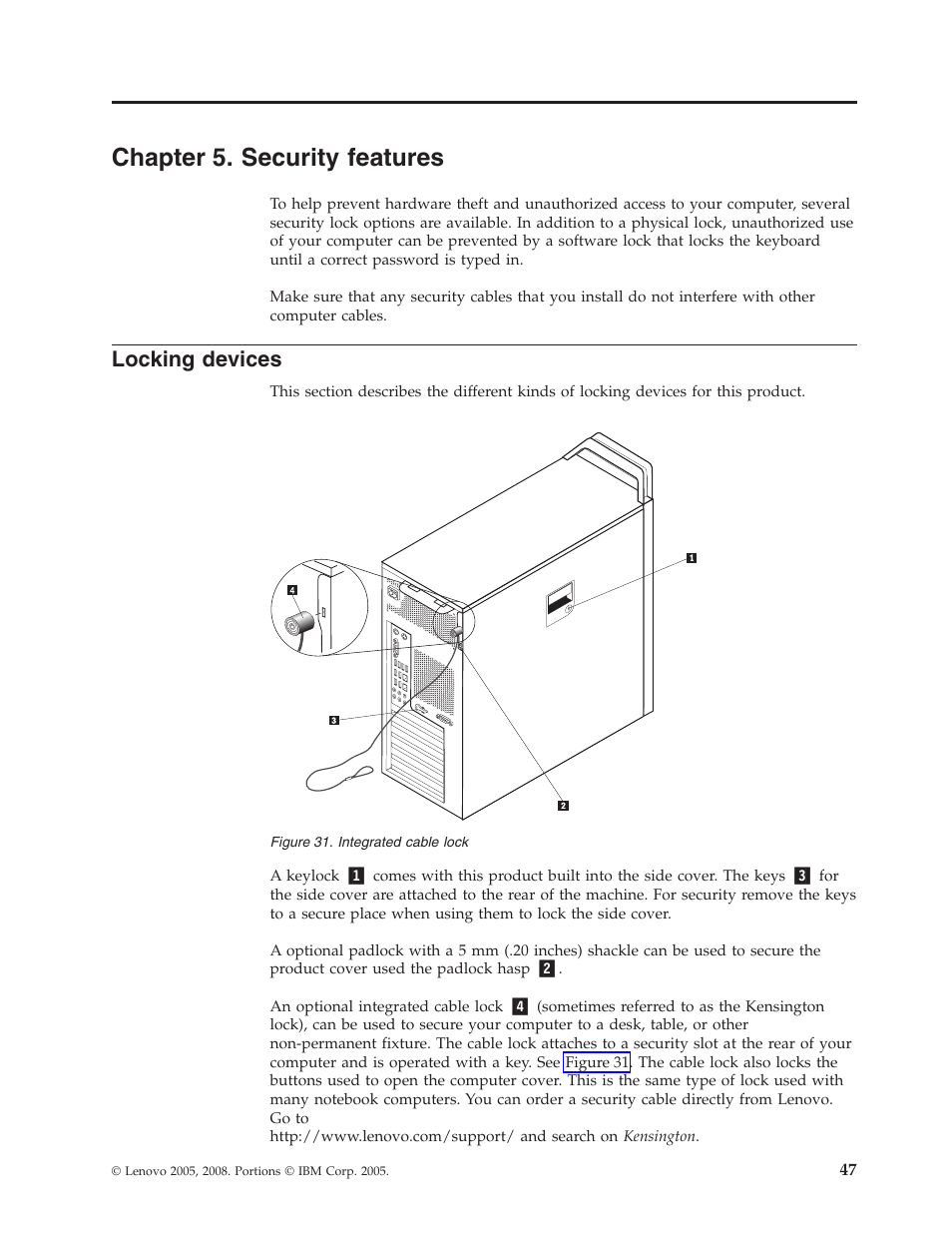 Chapter 5. security features, Locking devices, Chapter | Security, Features, Locking, Devices, Integrated, Cable, Lock | Lenovo THINKSTATION S10 User Manual | Page 55 / 62