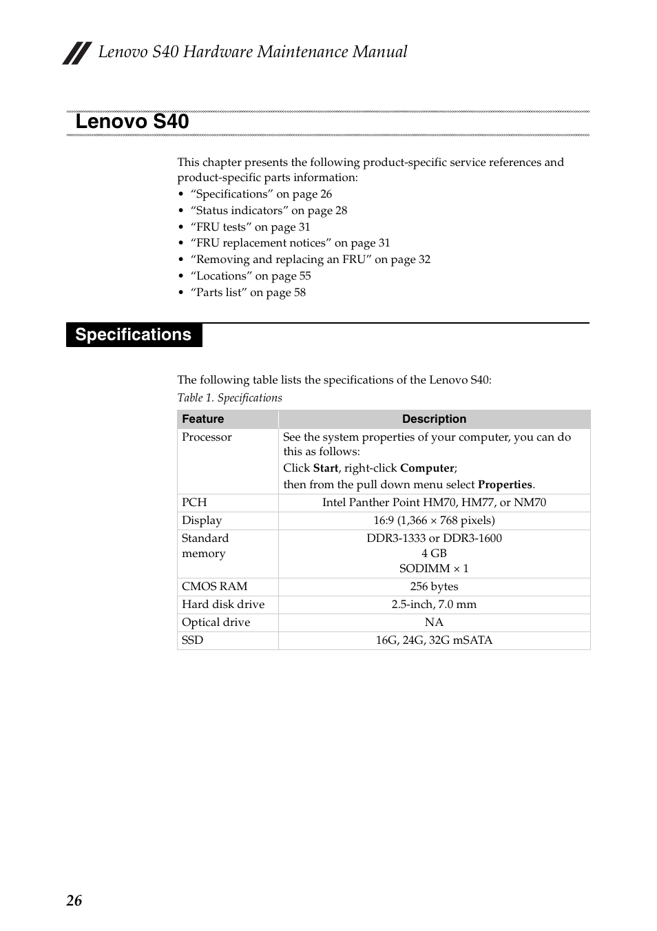 Lenovo s40, Specifications, Lenovo s40 specifications | Lenovo s40 hardware maintenance manual | Lenovo S40-70 Notebook User Manual | Page 30 / 81