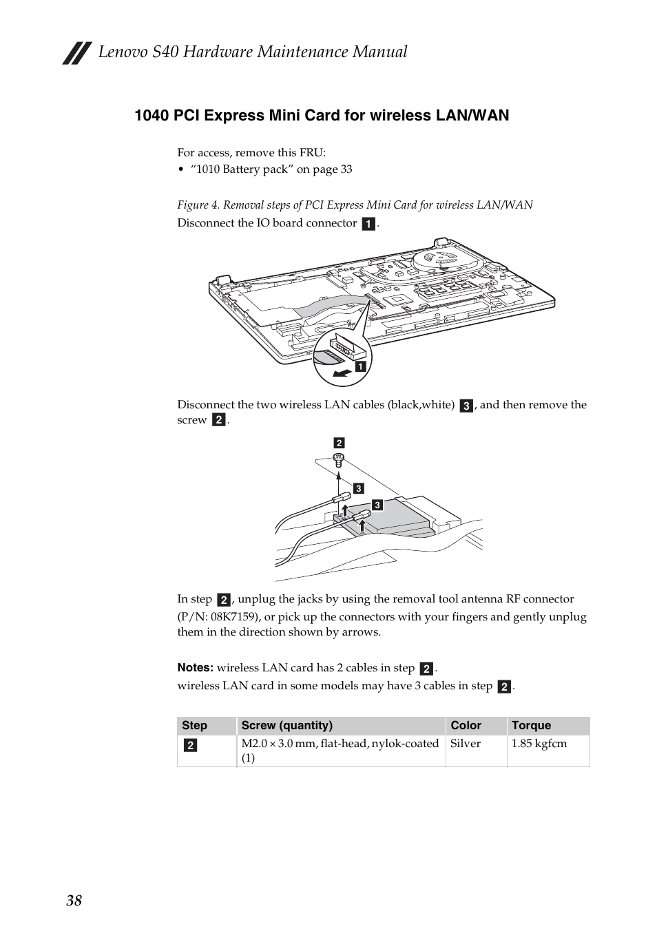 1040 pci express mini card for wireless lan/wan, Lenovo s40 hardware maintenance manual | Lenovo S40-70 Notebook User Manual | Page 42 / 81